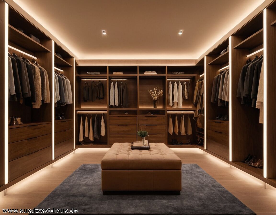 Beleuchtung: LED-Strips und Spotlights nutzen   - Begehbare Kleiderschränke clever geplant: Auch auf wenig Fläche